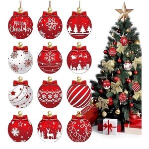 Red and White Christmas Ball Design Hanging Wooden Ornaments Holiday Tree Decor